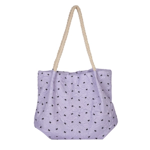 Purple pleated tote bag with black bow patterns and off-white rope handles for women