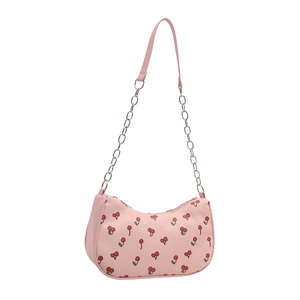 Pink crescent shoulder bag with cherry print and silver chain strap on white background