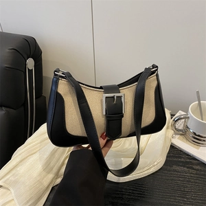 French Retro Women's Linen PU Splicing Underarm Bag Large Capacity Simple Fashion Shoulder Crossbody Bag Metal Buckle Baguette Bag