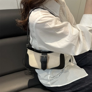 Fashionable large capacity linen shoulder bag with black leather trim for women