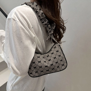 Gingham shoulder bag with bow print and ruffled handle for women's summer fashion