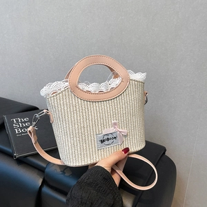 Women Straw Woven Shoulder Bag Sweet Lace Trim Bow Knot Decorative Vacation Beach Bucket Handbag With Removable Strap