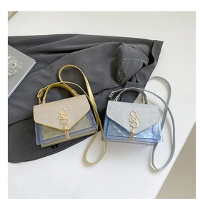 Detailed view of transparent PVC crossbody bag with glitter finish and metal tassel