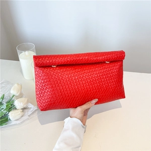 Women Woven PU Leather Envelope Clutch Bag Large Capacity Elegant Evening Party Handbag Simple Urban Square Hand Purse