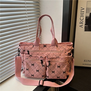 Trendy Bowknot Pattern Quilted Canvas Tote Bag Large Capacity Multi Pocket Shoulder Bag For Women Casual Daily Handbag