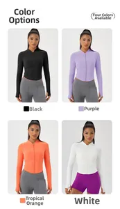 Collage of slim fit yoga jackets in black, purple, orange, and white with thumbholes