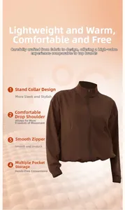 Detail der dunkelbraunen Thermo-Yoga-Jacke mit Stehkragen und glattem Reißverschluss