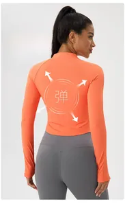 Rear view of orange slim-fit zip-up sports jacket with high-stretch yoga fabric