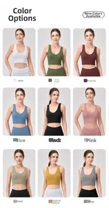 Grille montrant 9 couleurs de débardeurs de yoga côtelés avec col en V et larges bretelles
