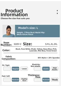 Detailed size guide and fabric composition for high-stretch women's yoga long sleeve tops