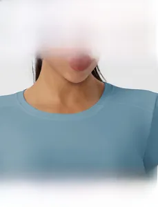 Detail of minimalist round neckline on high-elastic blue yoga long sleeve top