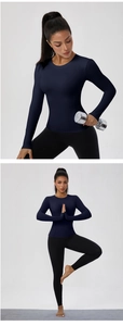 Vertical collage showing navy long sleeve yoga top and black high waist leggings outfit