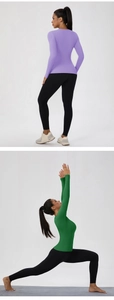 Detail view of high-elastic long sleeve yoga shirts in purple and green with breathable mesh
