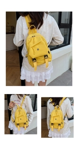 Trois vues d'un mini sac à dos jaune en nylon avec poche frontale et bretelles