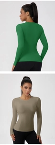 Front and back views of slim fit long sleeve yoga shirts in green and khaki tones