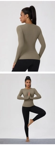 Detailed views of women's slim fit long sleeve yoga top with high elastic seamless fabric
