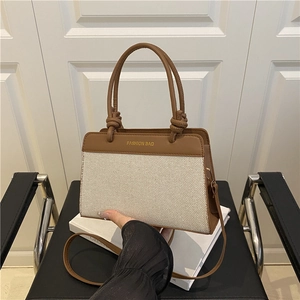 Women Fashion Canvas PU Leather Stitching Tote Bag Large Capacity Color Block Shoulder Crossbody Bag With Knotted Handle