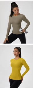 Close-up of slim fit long sleeve yoga shirts in olive and yellow stretch fabric