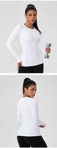 Front and back views of women's white high-elastic yoga long sleeve with a slim fit cut