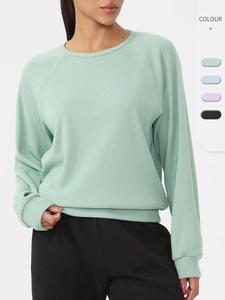 T-shirt à Manches Longues en Tricot Gauffré pour Femmes Couleur Unie Décontracté Ample Col Rond Sportif Yoga Fitness Haut