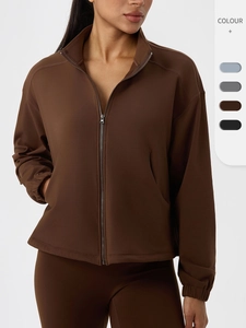Damen Fleecegefütterte Yoga-Jacke Stehkragen Reißverschluss Warme Fitness Sport Top Lockerer Schnitt Langarm Outdoor Workout Jacke