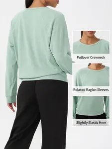 T-shirt à manches longues gaufré vert menthe pour femmes avec manches raglan et col rond