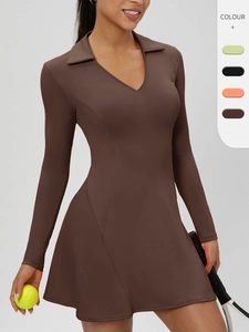 Robe de Tennis Sportive à Manches Longues pour Femmes Col V Coupe Cintrée Séchage Rapide Mini Robe Trapèze pour Golf