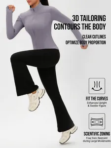 Giacca da yoga viola con zip e pantaloni neri a zampa per fitness e corsa da donna