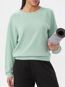 T-shirt à manches longues en maille gaufrée vert sauge pour femme, sport et décontracté
