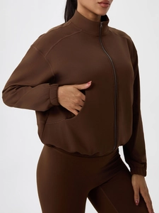 Damen Fleece-Yoga-Set mit Stehkragenjacke und Leggings in Dunkelbraun für den Herbst