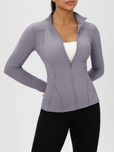 Giacca da yoga slim fit da donna in lilla con collo alto e chiusura a zip intera