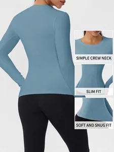 Slim fit long sleeve yoga top in misty blue high elastic fabric with round neckline