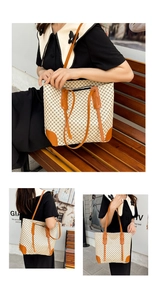 Détails de ce grand sac cabas avec motifs géométriques et garniture en cuir marron