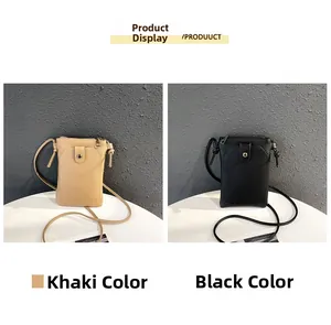 Vertical pebble grain leather mobile phone crossbody bags in khaki and black color options