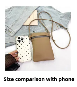Litchi pattern leather phone crossbody bag compared with a smartphone for size