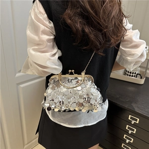 Silver sequin crossbody bag with metal chain strap and vintage clasp for women