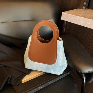 Retro Denim Splicing PU Leather Handbag For Women Fashion Large Capacity Bucket Bag Minimalist Summer Shoulder Bag