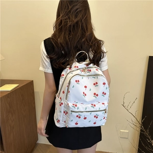 Zaino chic in tela bianca con stampa di ciliegie per studentesse e uso quotidiano