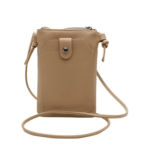 Vertical khaki lychee grain leather crossbody phone bag with front snap button and zipper