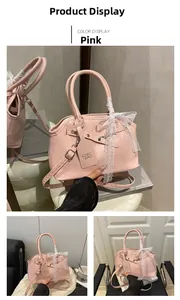 Detailed views of pink shell bag featuring lace bow decor and metal brand tag