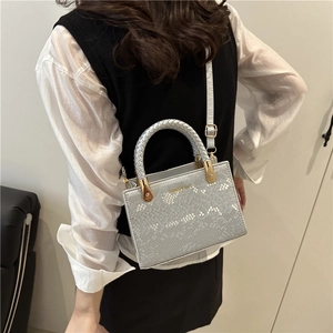 Retro grey snakeskin textured crossbody handbag with braided handle shown on model