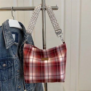 Plaid Canvas Tote Bag For Women Large Capacity Student Shoulder Bag With Geometric Wide Strap Fashion Daily Travel Bag