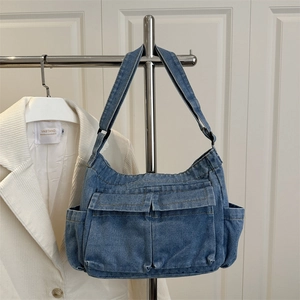 Vintage Denim Shoulder Bag For Women Multi-pocket Casual Large Capacity Washed Jeans Fabric Tote Crossbody Bag Travel