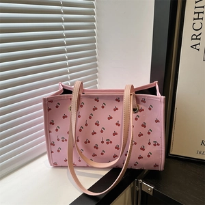 Borsa a Spalla Tote da Donna in Pelle PU con Stampa Ciliegie Stile Dolce Grande Capacità Borsa Casual Uso Quotidiano