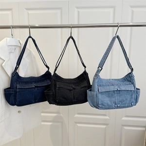 Casual denim crossbody bags with utility pockets in dark blue, black and light blue