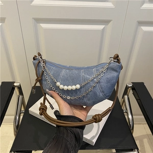 Women Denim Crescent Hobo Bag With Artificial Pearl Chain Knot Shoulder Strap Vintage Canvas Crossbody Bag Large Capacity Fashion Bag