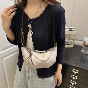 Beige crescent dumpling bag with silver chain and pearls for Harajuku style fashion