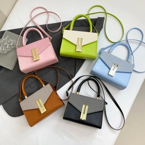 Summer square crossbody bags in pink, green, blue, brown, and black with gold buckles
