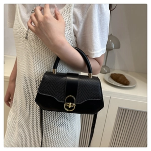 Detail of black woven and leather crossbody bag with elegant gold twist-lock closure