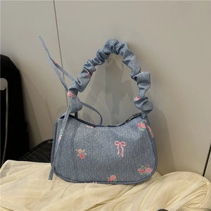 Women Denim Floral Underarm Bag Pink Rose Bow Print Pleated Handle Small Square Shoulder Bag Casual Daily Fashion Handbag Square Purse